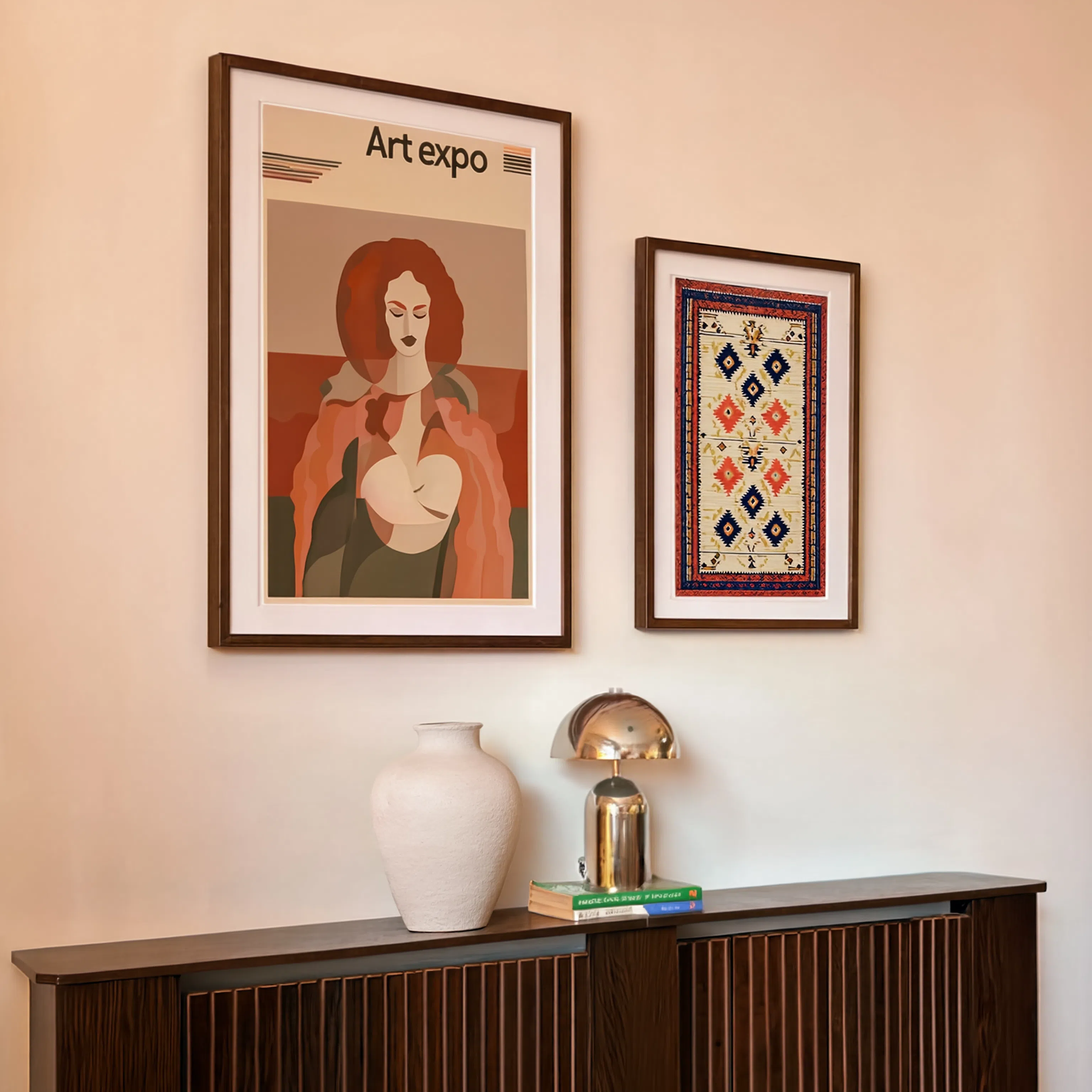 Set of 2 Wall Art Prints – Modernist Muse Portrait & Baluchi Rug Variation II Collection