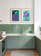 Set of 2 Violet Poppies – Mint & Figurative Woman in Striped Dress Prints | Contemporary Botanical & Abstract Portrait Wall Art Set