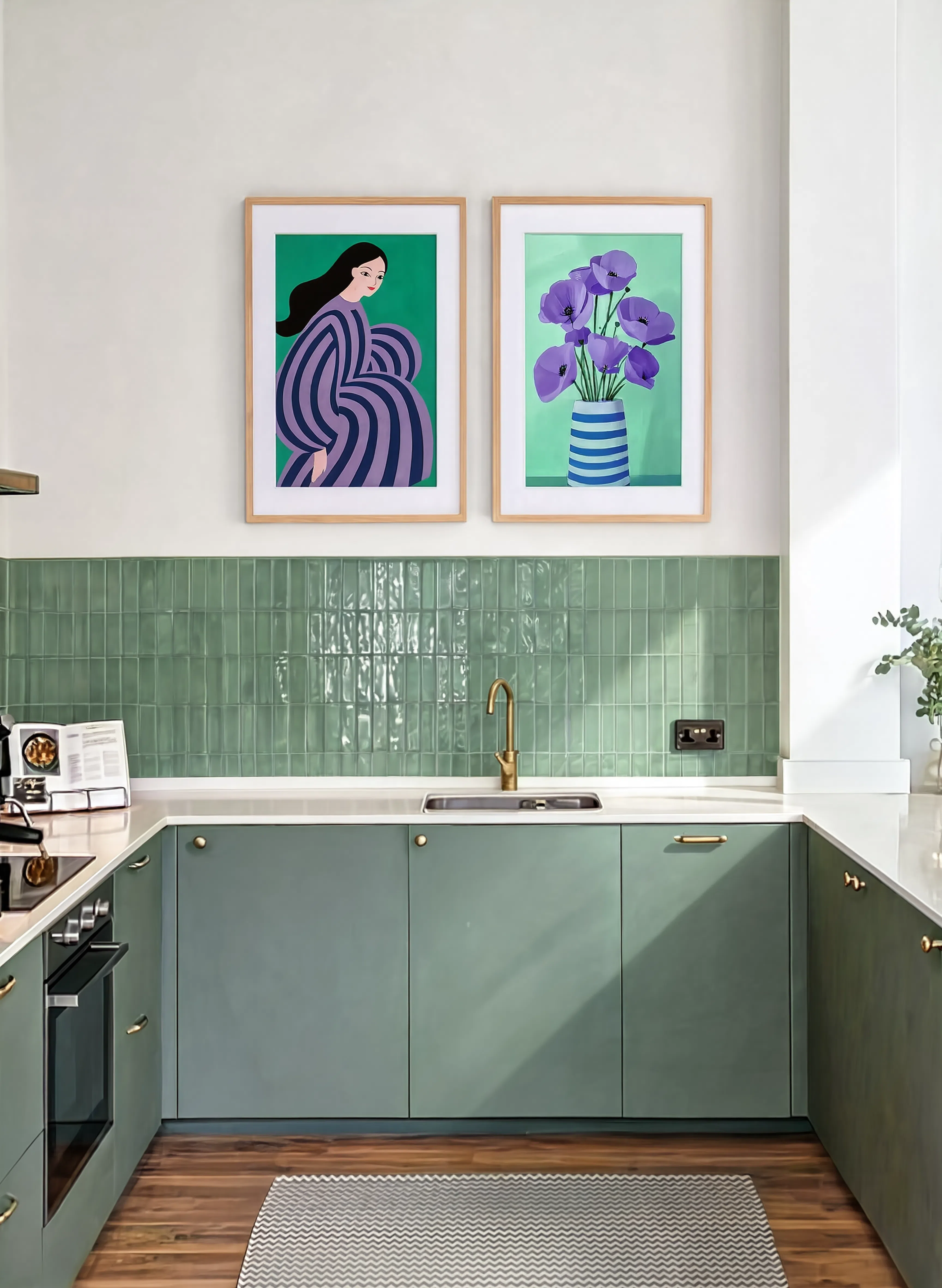 Set of 2 Violet Poppies – Mint & Figurative Woman in Striped Dress Prints | Contemporary Botanical & Abstract Portrait Wall Art Set