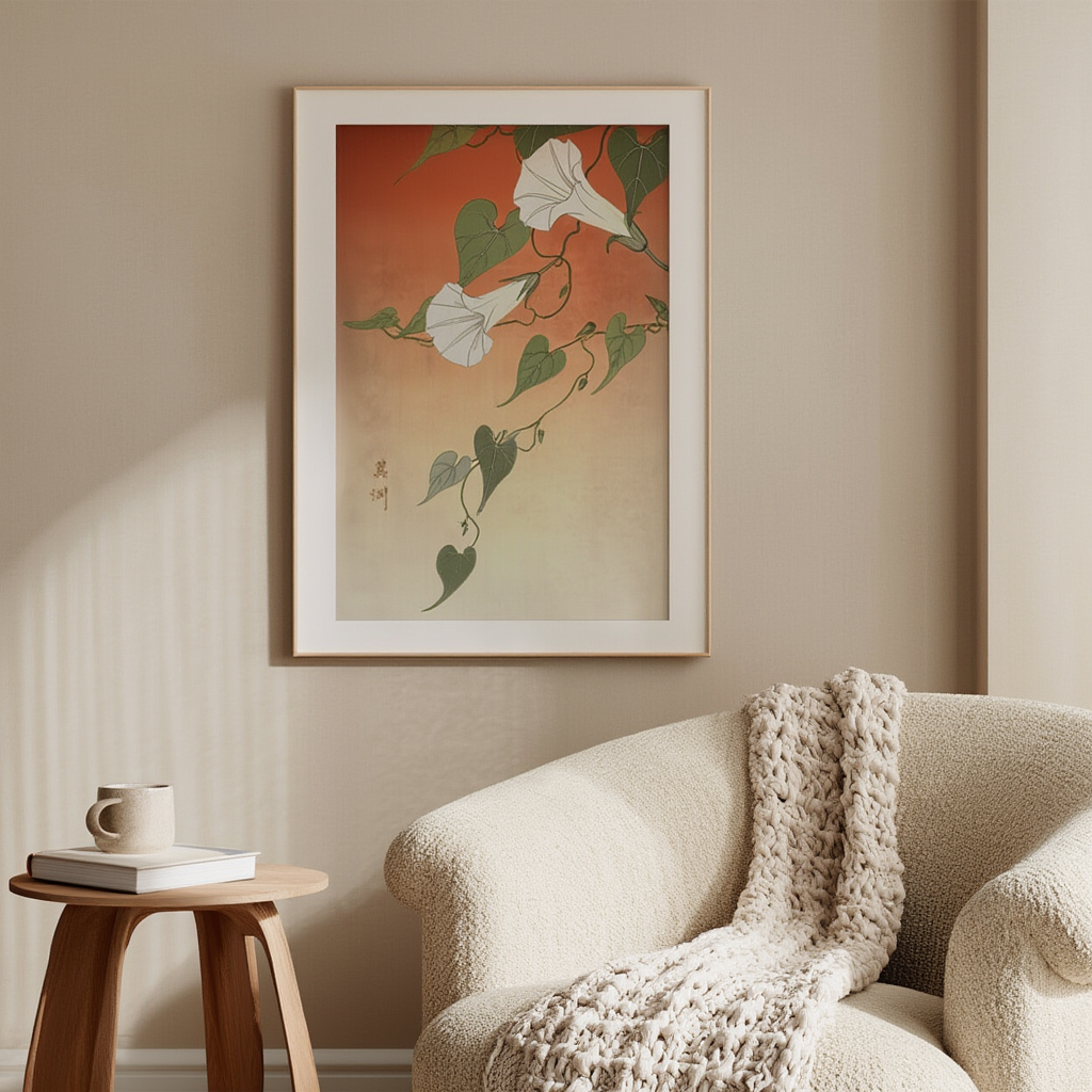 Japanese Flower Art Print – Minimalist Wall Decor with Soft Petals & Gentle Light