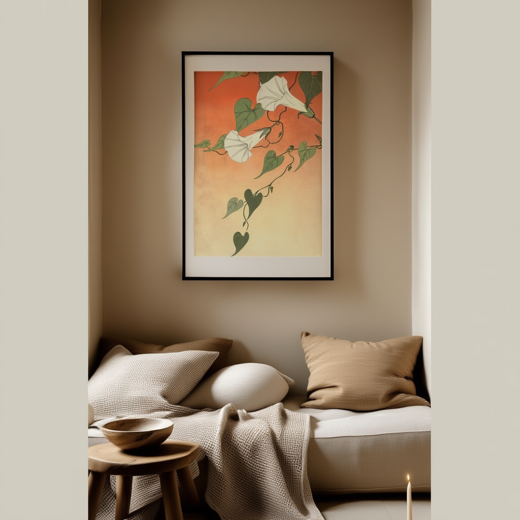 Japanese Flower Art Print – Minimalist Wall Decor with Soft Petals & Gentle Light