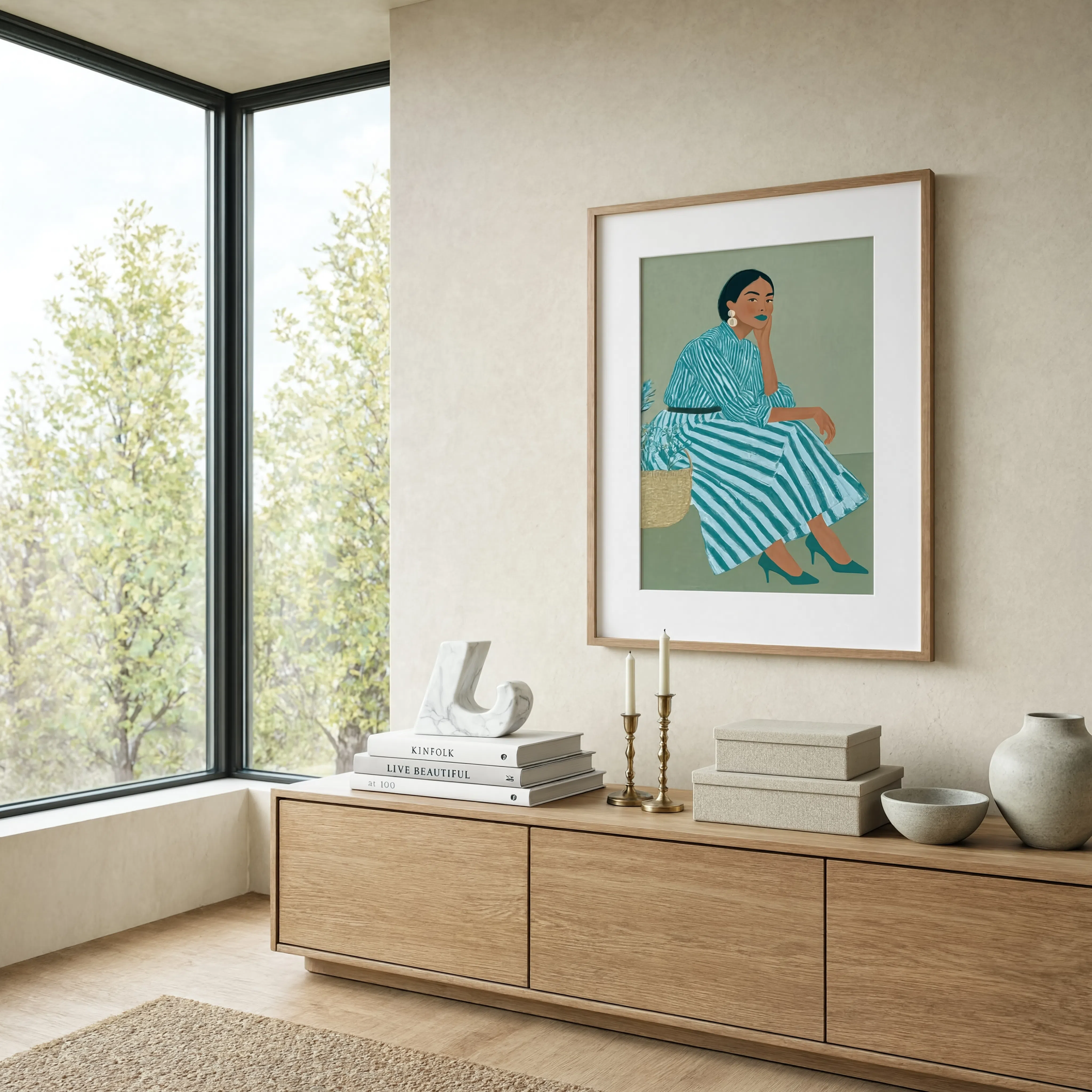 Teal Striped Seated Woman | Contemporary Figurative Art Print