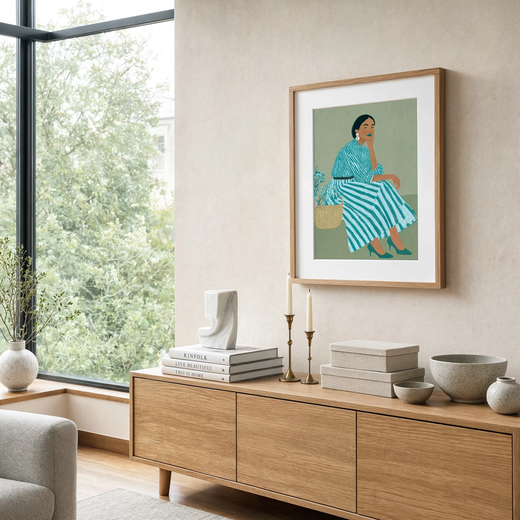Teal Striped Seated Woman | Contemporary Figurative Art Print