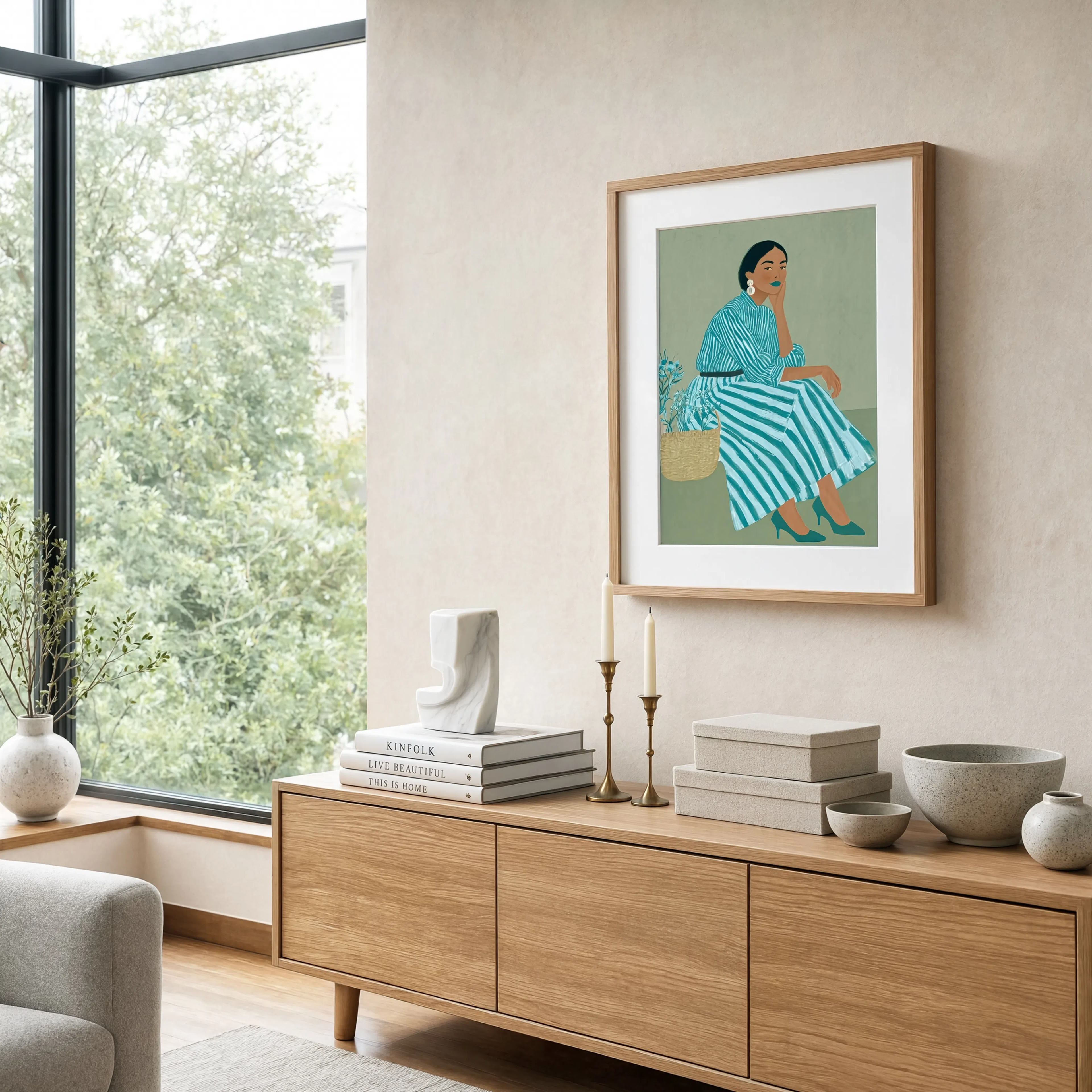 Teal Striped Seated Woman | Contemporary Figurative Art Print