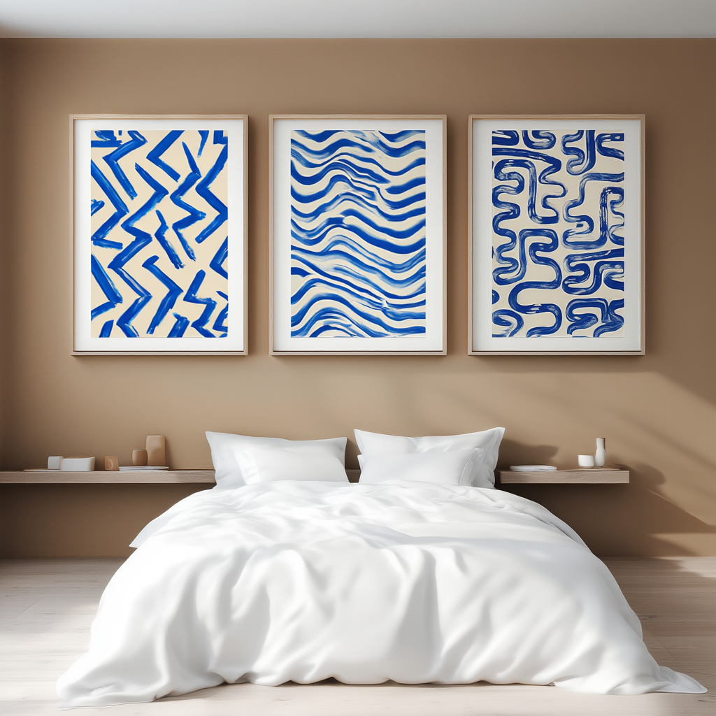 Set of 3 Modern Wall Art Prints - Geometric Blue Abstract