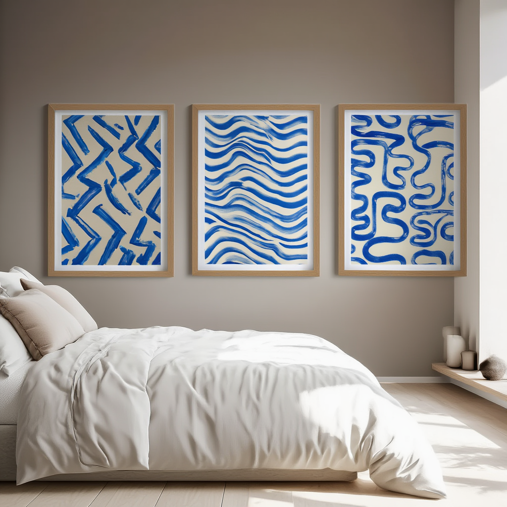 Set of 3 Modern Wall Art Prints - Geometric Blue Abstract