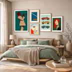 Set of 5 Wall Art Prints – Jazz Trumpet Teal, Race Cars, Cubist Faces & Geometric Abstract Collection