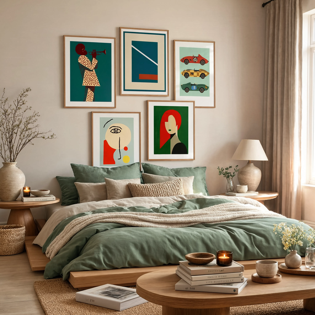 Set of 5 Wall Art Prints – Jazz Trumpet Teal, Race Cars, Cubist Faces & Geometric Abstract Collection