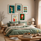Set of 5 Wall Art Prints – Jazz Trumpet Teal, Race Cars, Cubist Faces & Geometric Abstract Collection