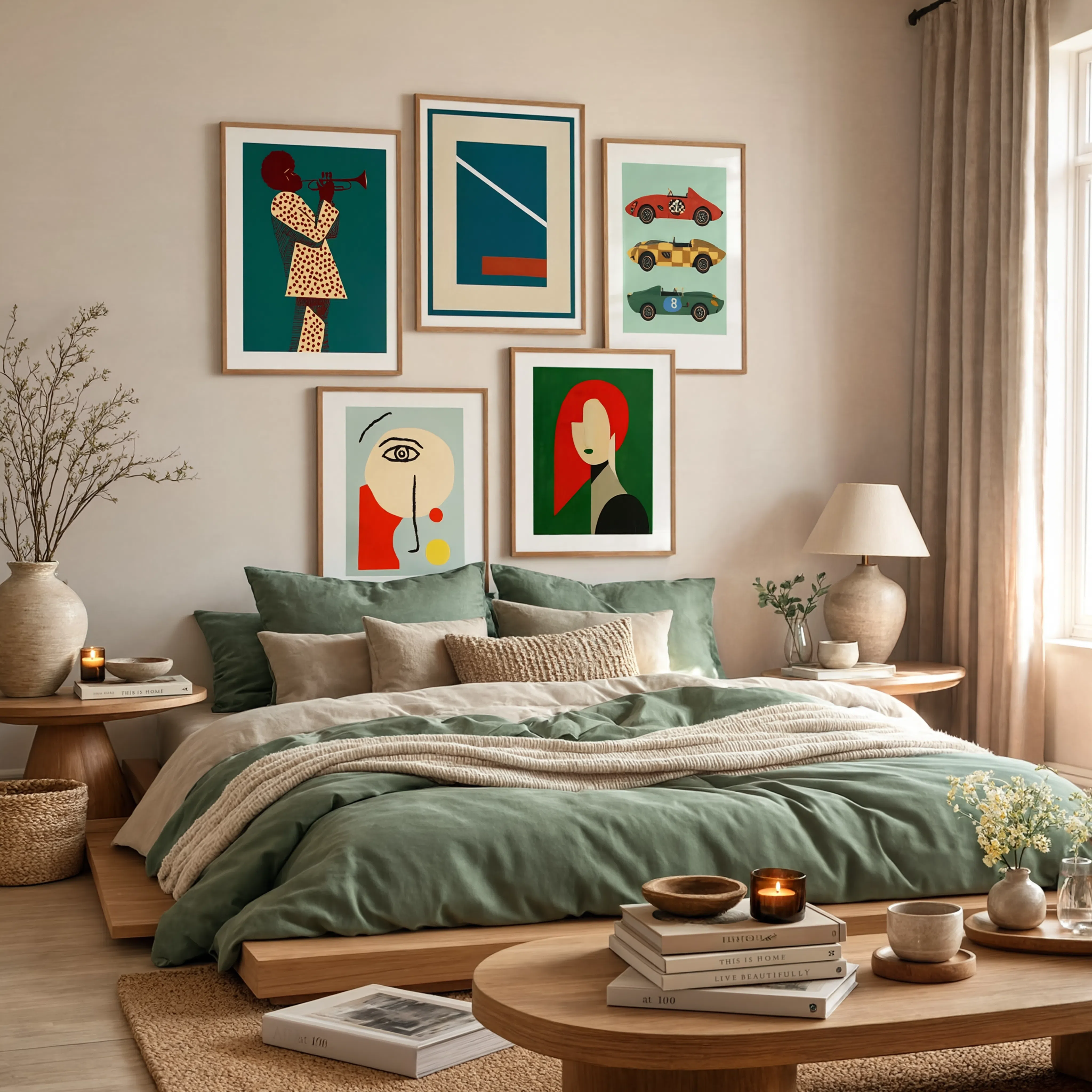 Set of 5 Wall Art Prints – Jazz Trumpet Teal, Race Cars, Cubist Faces & Geometric Abstract Collection