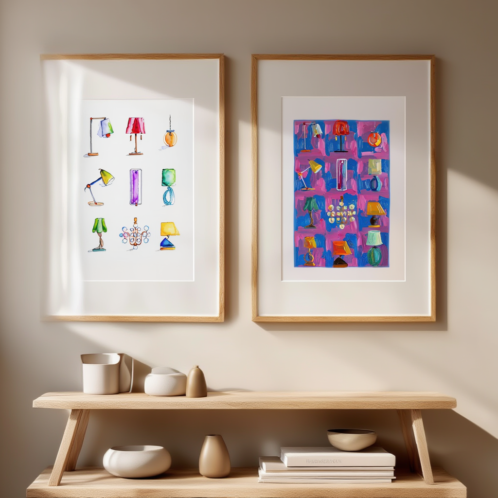 Set of 2 Lampshades Illustration Prints – Modern Decorative Wall Art - Hakyarts