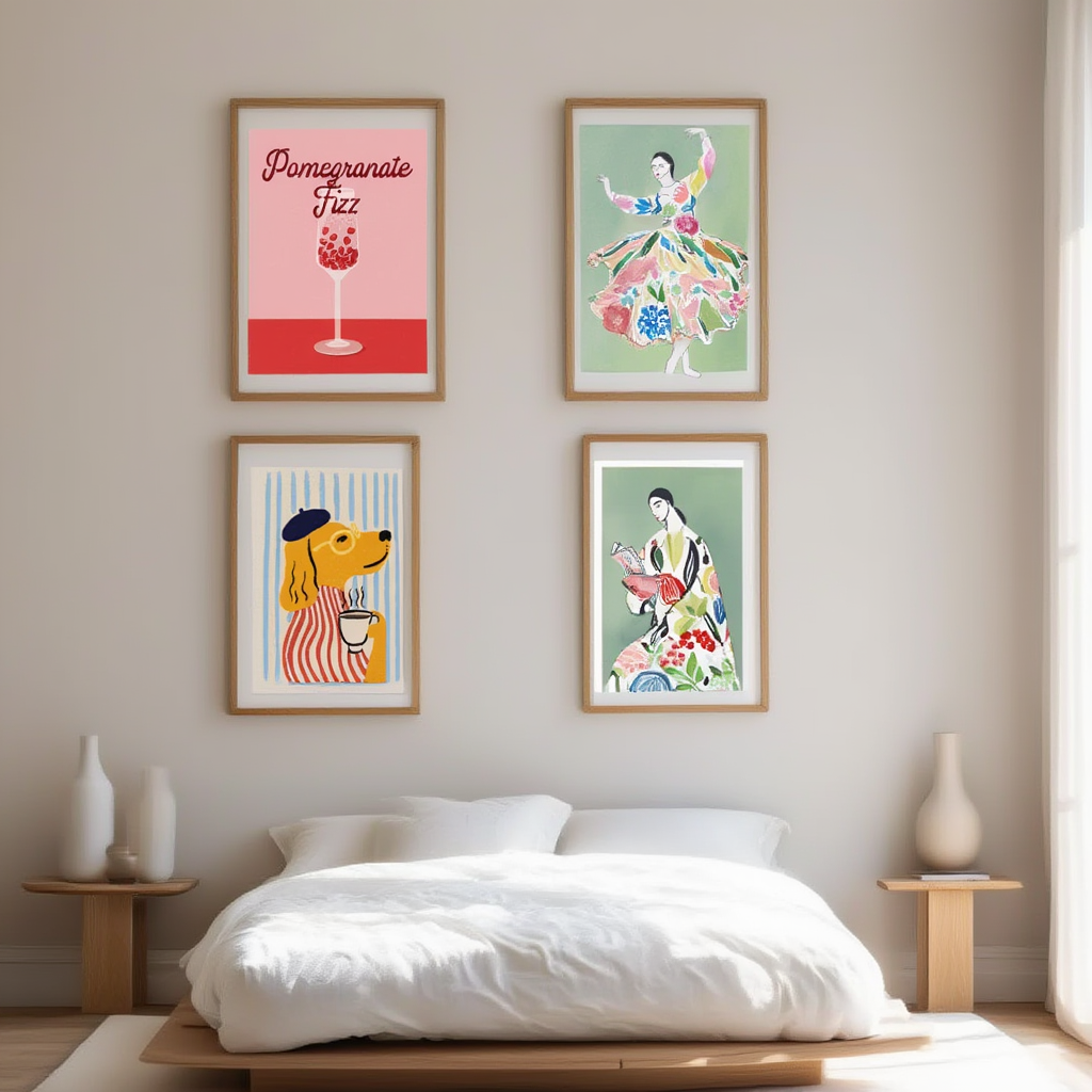 Set of 4 Botanical Figurative Dog Prints – Coffee & Pomegranate Illustrations - Hakyarts