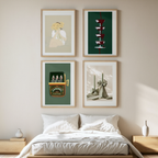 Set of 4 Illustrative Prints – Candles, Woman with Sunflowers, Champagne & Sardines - Hakyarts