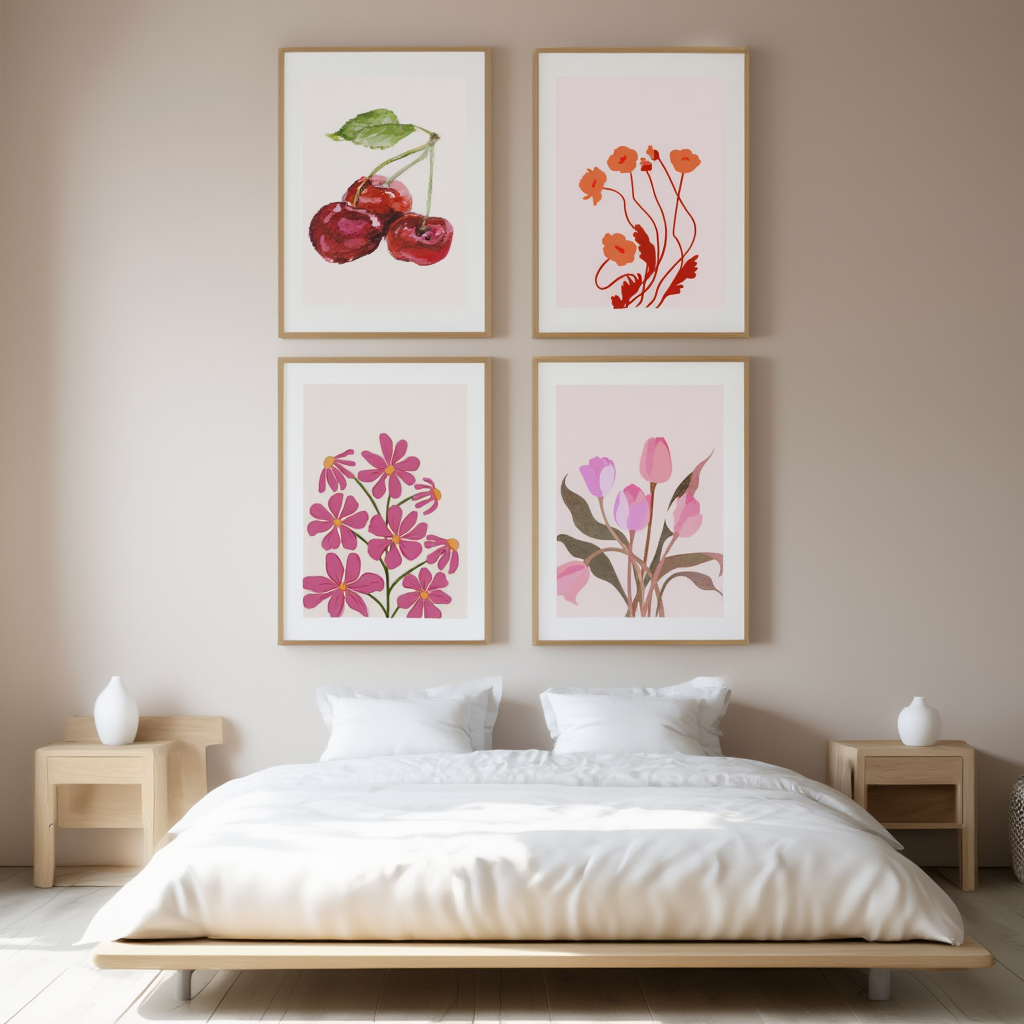 Floral & Cherry – Set of 4 Art Prints - Hakyarts