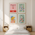 Set of 4 Botanical Figurative Dog Prints – Coffee & Pomegranate Illustrations - Hakyarts