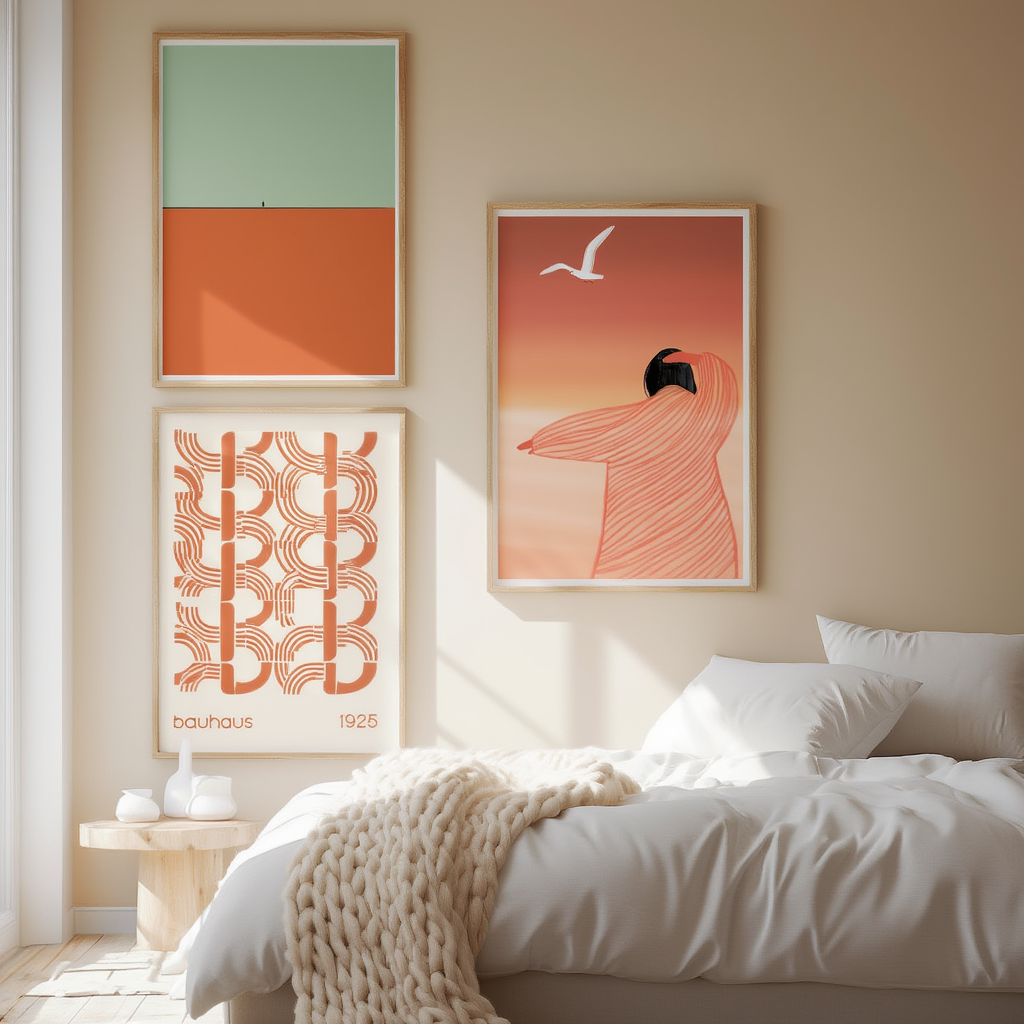 Set of 3 Orange Bauhaus Art Prints – Geometric Modern Wall Decor - Hakyarts