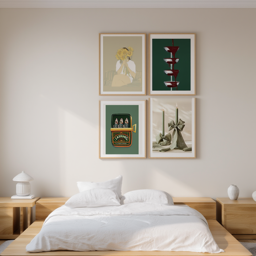 Set of 4 Illustrative Prints – Candles, Woman with Sunflowers, Champagne & Sardines - Hakyarts