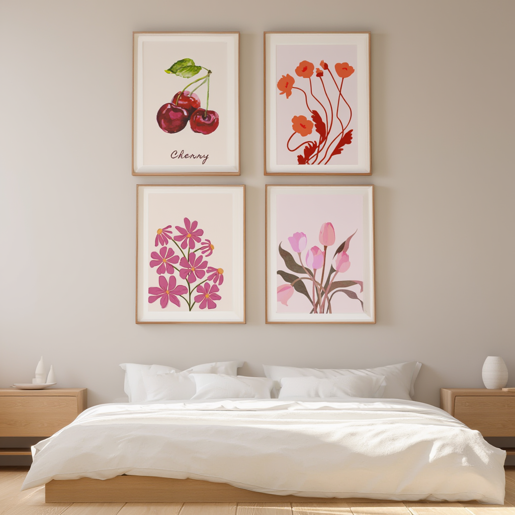 Floral & Cherry – Set of 4 Art Prints - Hakyarts