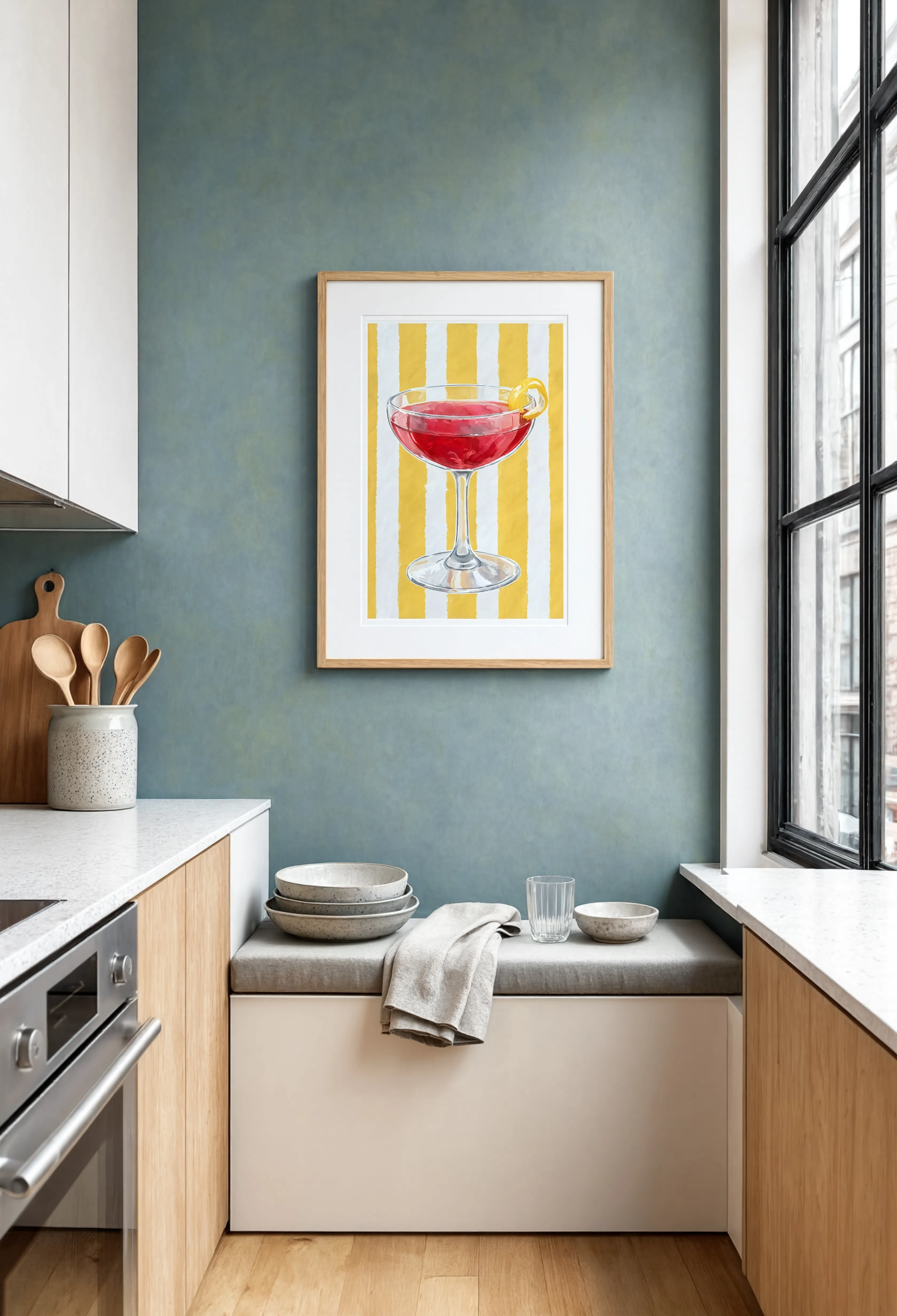 Ruby Coupe – Mustard Stripes | Contemporary Cocktail Wall Art