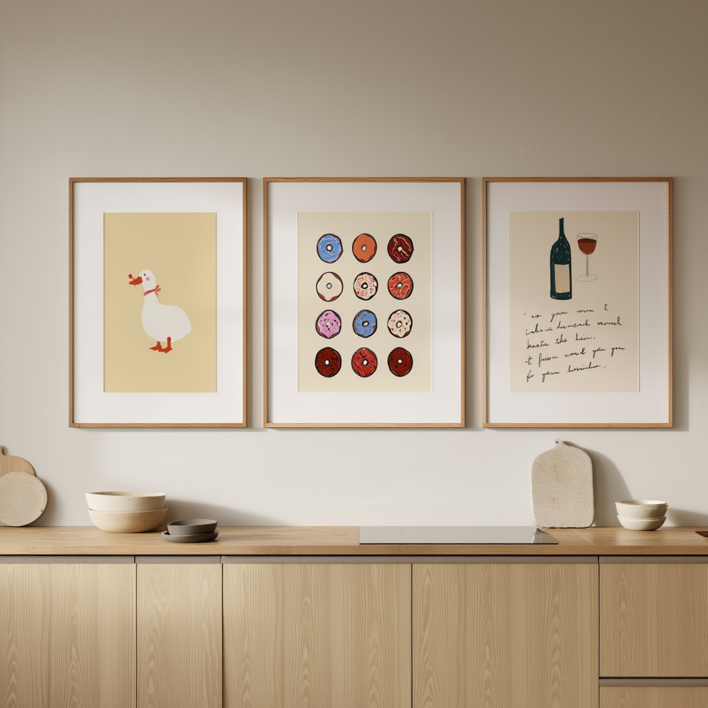 Set of 3 Kitchen & Everyday Life Art Prints – Modern Figurative Wall Decor - Hakyarts