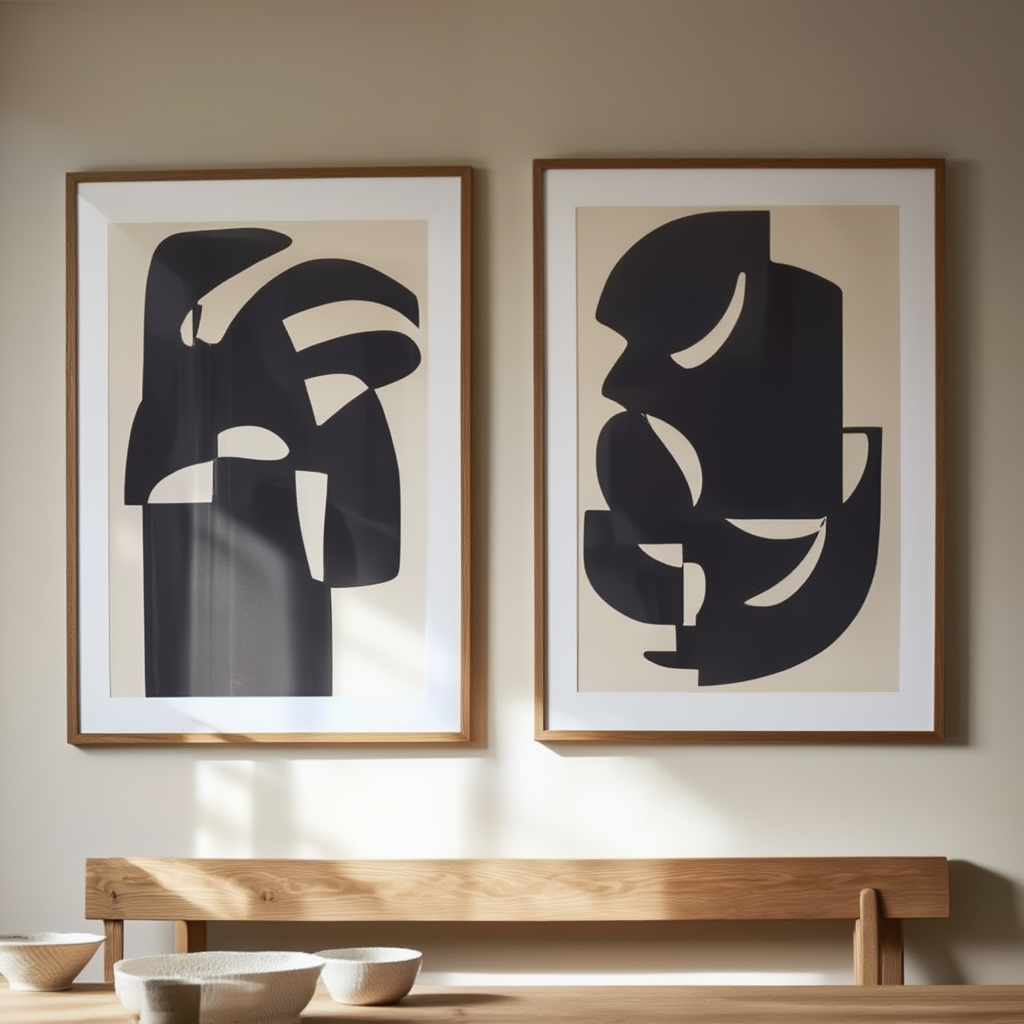 Set of 2 – Duo Beige & Black Forms, Quiet Balance – Minimalist Scandinavian Prints