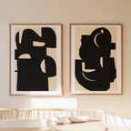 Set of 2 – Duo Beige & Black Forms, Quiet Balance – Minimalist Scandinavian Prints - Hakyarts