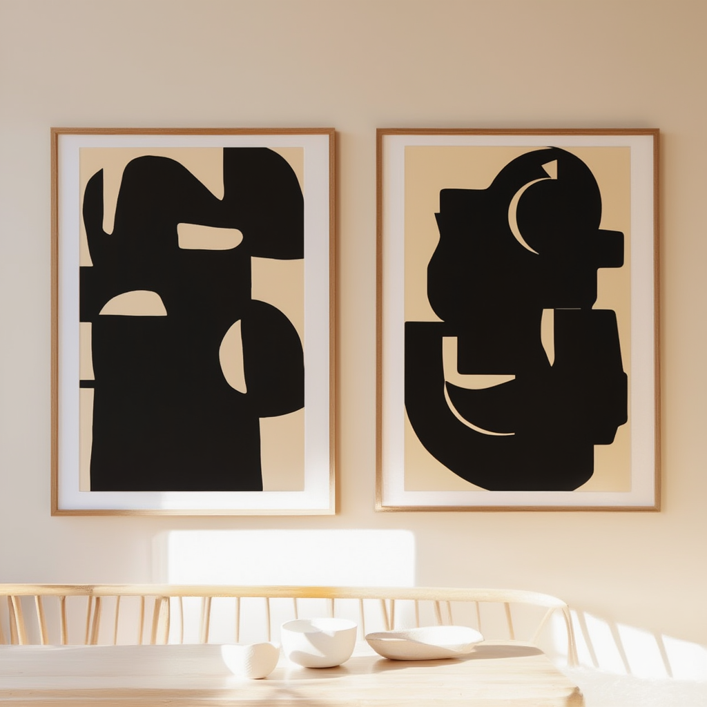 Set of 2 – Duo Beige & Black Forms, Quiet Balance – Minimalist Scandinavian Prints