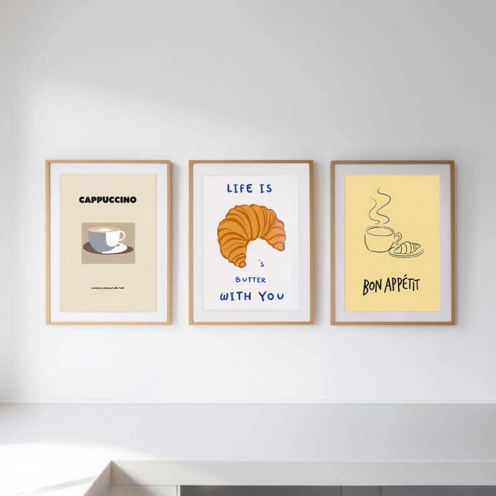 Set of 3 “Bon Appétit” Croissant Prints – Minimalist Culinary Wall Art - Hakyarts