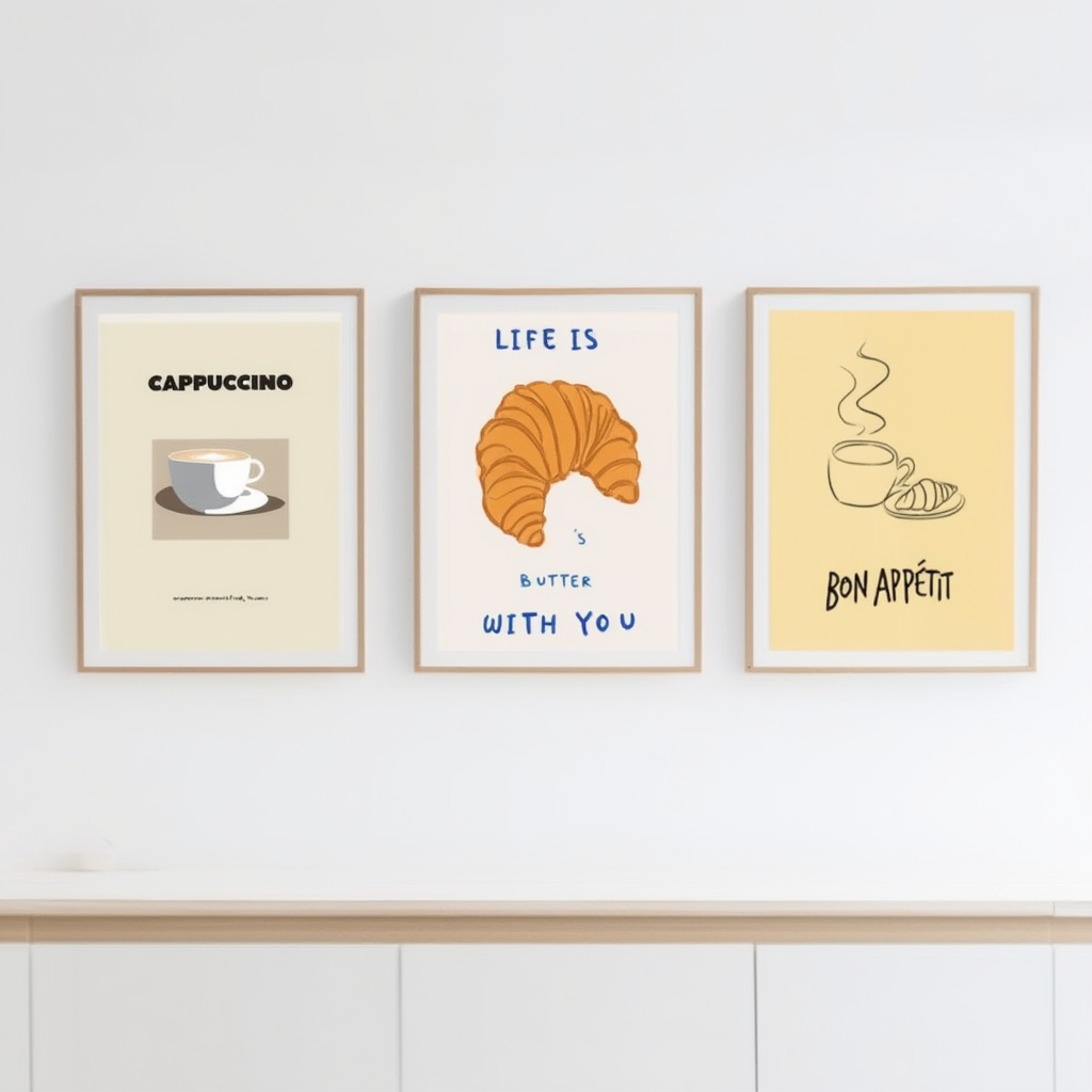 Set of 3 “Bon Appétit” Croissant Prints – Minimalist Culinary Wall Art - Hakyarts