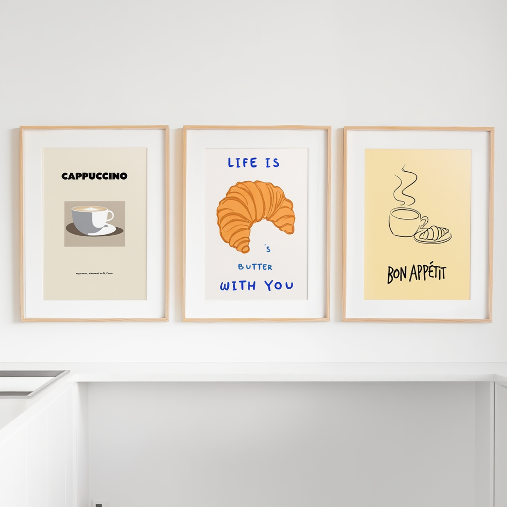 Set of 3 “Bon Appétit” Croissant Prints – Minimalist Culinary Wall Art - Hakyarts
