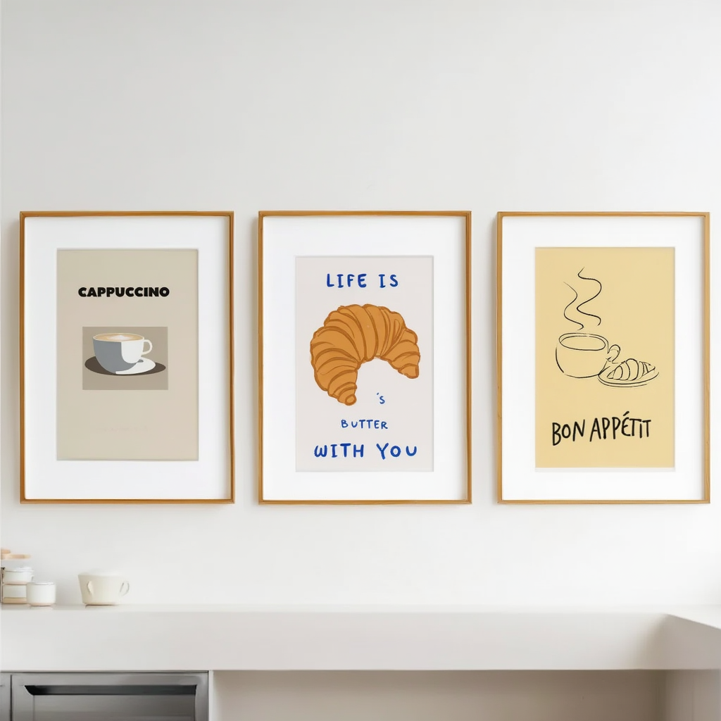Set of 3 “Bon Appétit” Croissant Prints – Minimalist Culinary Wall Art - Hakyarts