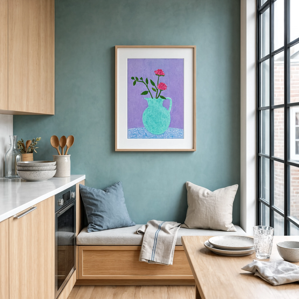 Teal Floral Vase | Contemporary Botanical Still Life Wall Art