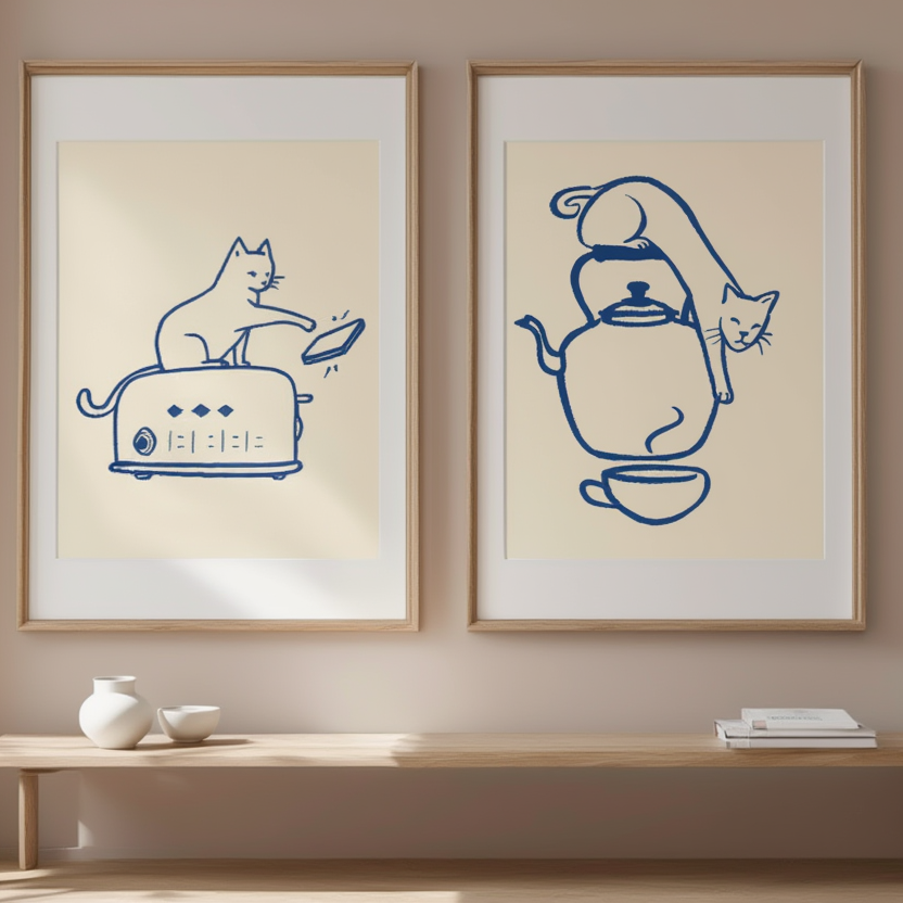 Set of 2 Cat with Toaster & Teapot Prints – Cozy Kitchen Cat Art