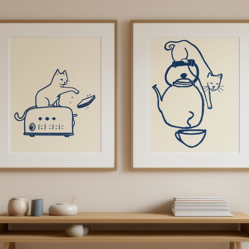 Set of 2 Cat with Toaster & Teapot Prints – Cozy Kitchen Cat Art