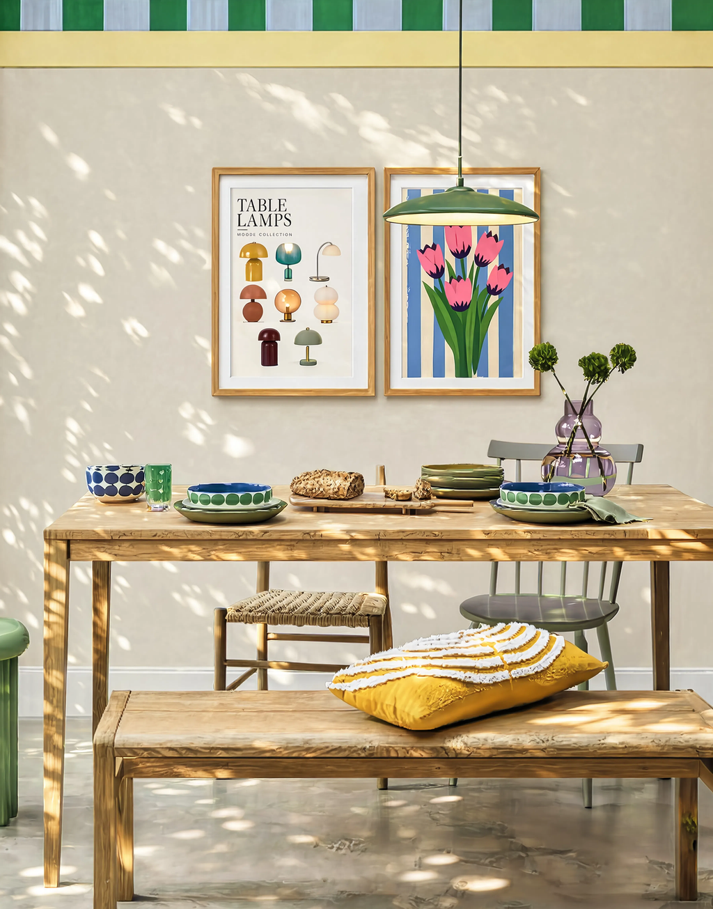 Set of 2 Table Lamps Poster + Tulips Pink Blooms Variation | Contemporary Lighting & Floral Wall Art Prints