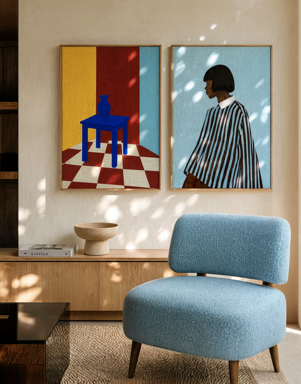 Set of 2 Figurative Striped Shirt Print + Blue Table Interior | Contemporary Figurative & Still Life Wall Art Prints