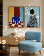 Set of 2 Figurative Striped Shirt Print + Blue Table Interior | Contemporary Figurative & Still Life Wall Art Prints