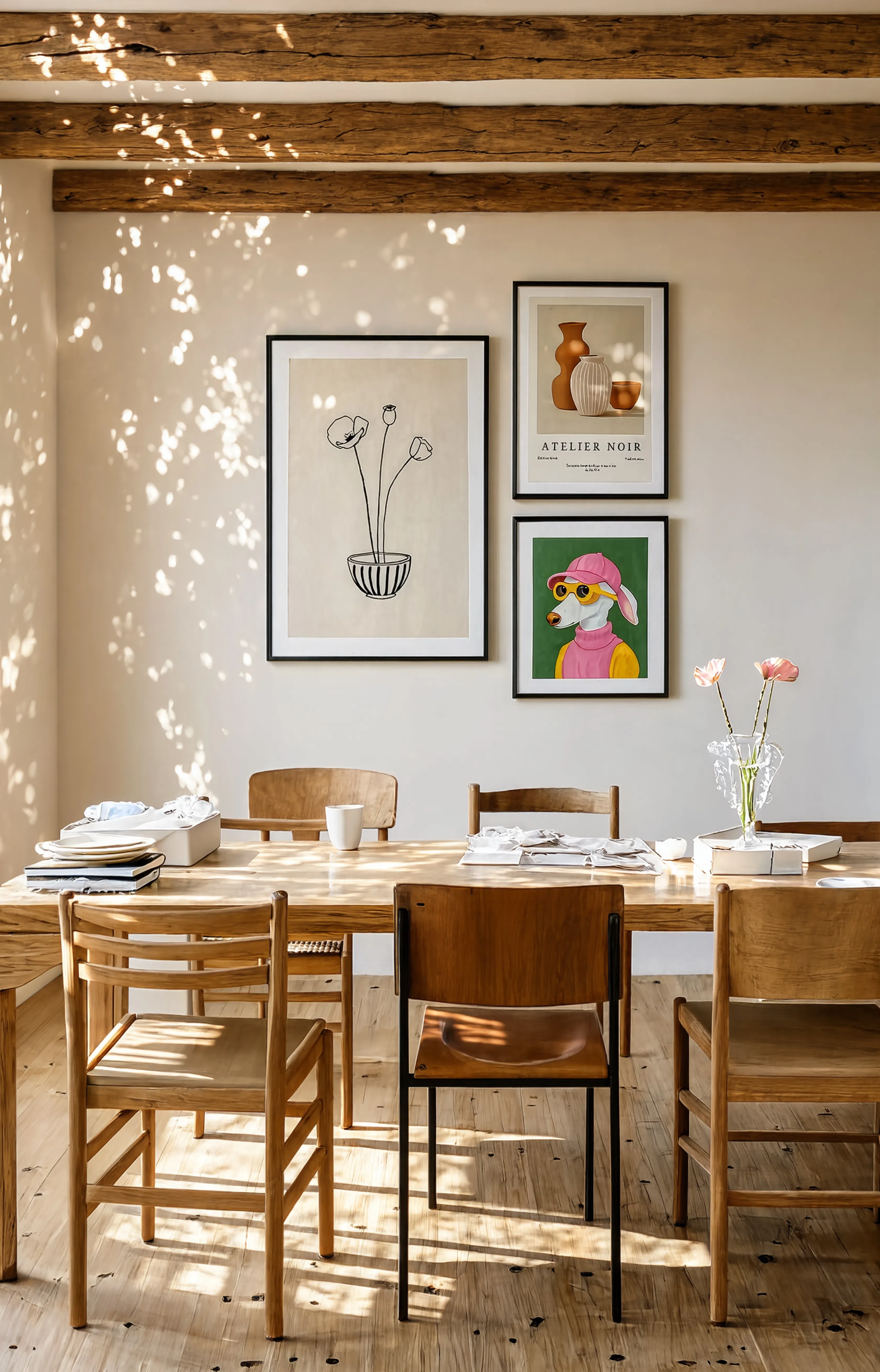 Set of 3 Wall Art Prints | Contemporary Dog, Botanical Still Life & Abstract Decor