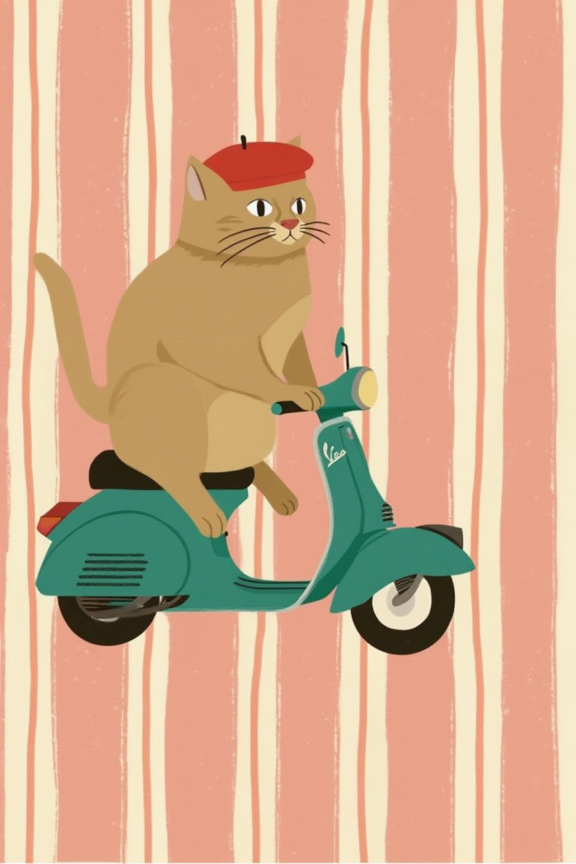 Scooter Cat – Pink Stripes – Minimalist Wall Art Print
