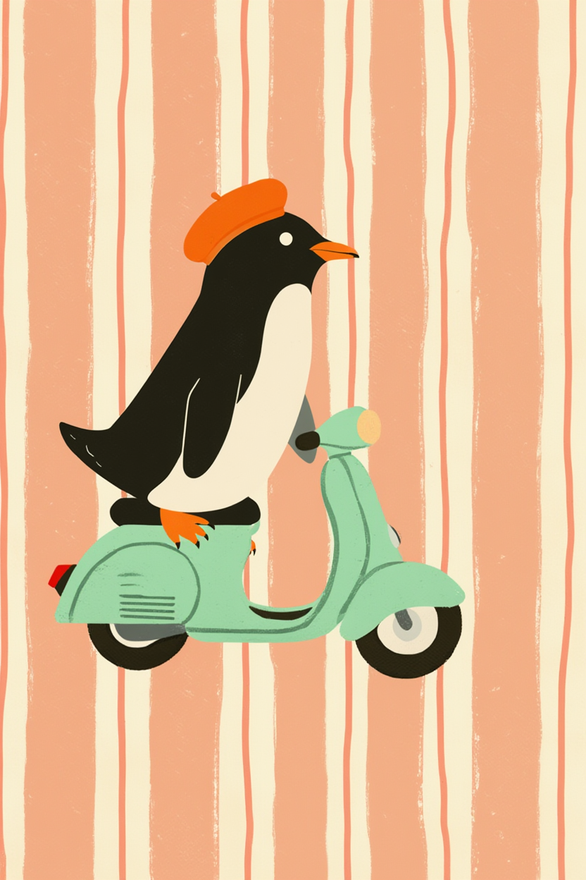 Scooter Penguin – Peach Stripes – Minimalist Wall Art Print