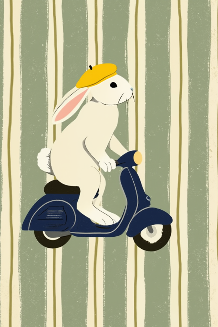 Scooter Rabbit – Green Stripes – Minimalist Wall Art Print