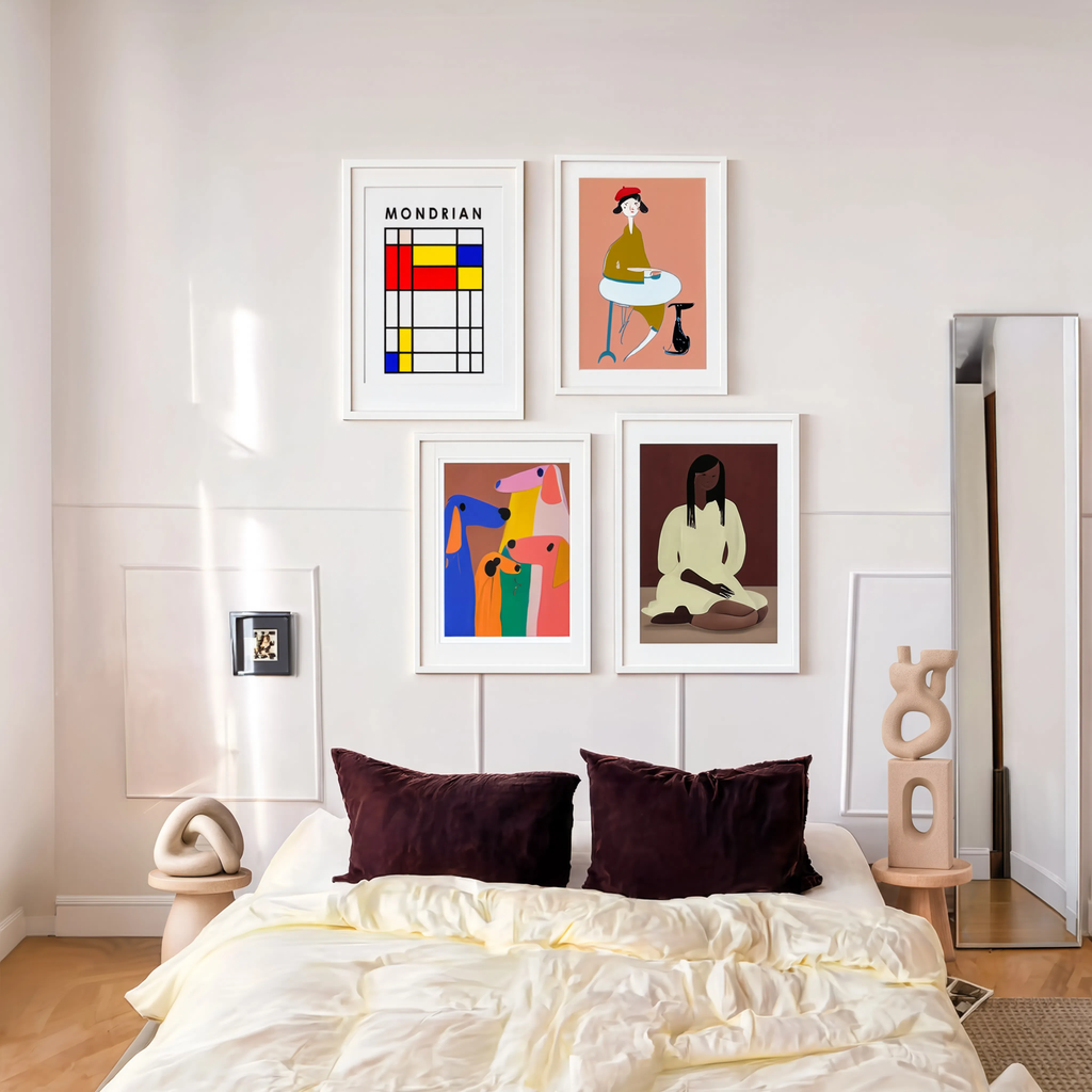 Set of 4 Modern Wall Art Prints | Mondrian Abstract, Figurative Forms, Cute Dogs & Café Scene Gallery Wall