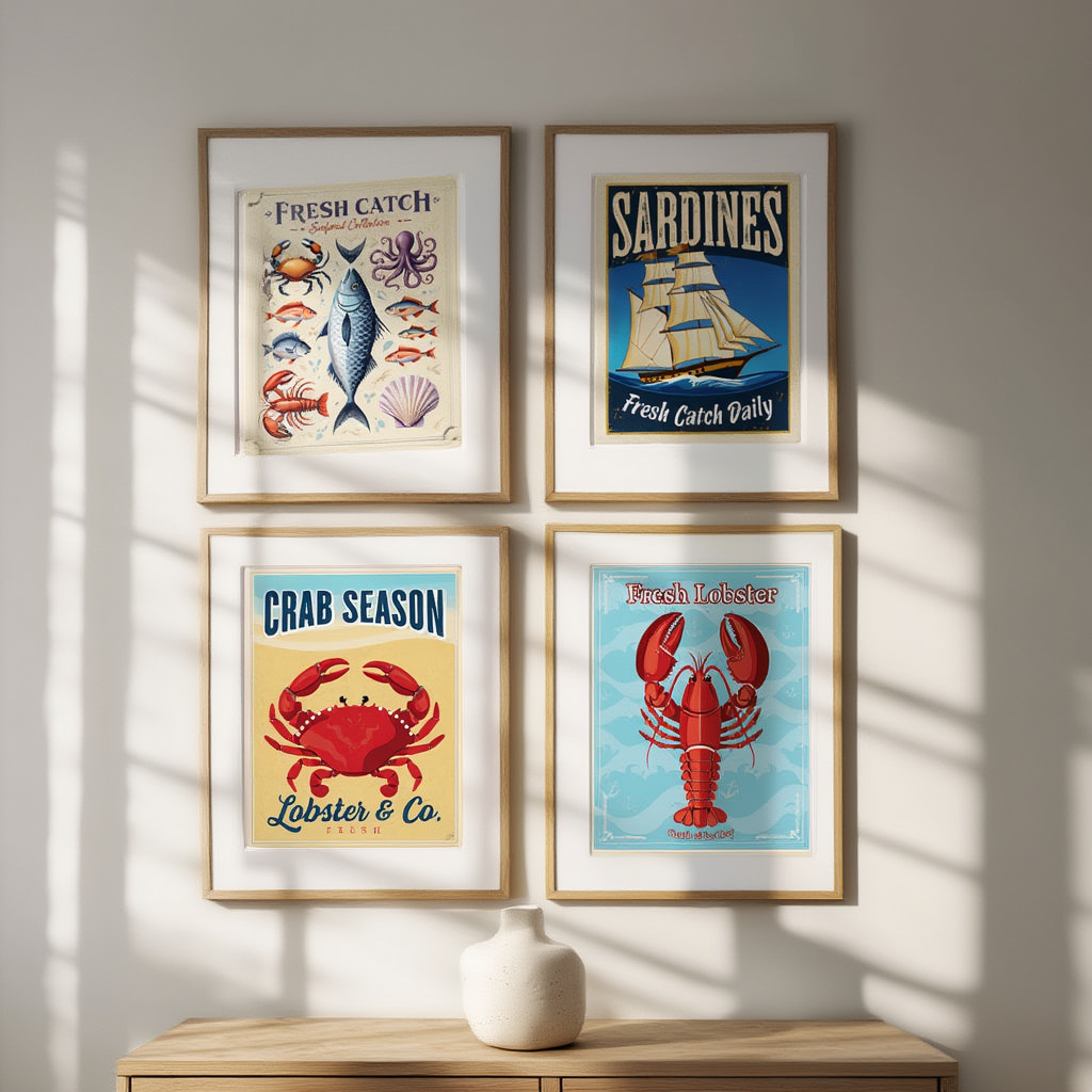 4 Retro Seafood Posters – Sardines, Crab, Lobster & Fish Wall Art Prints - Hakyarts
