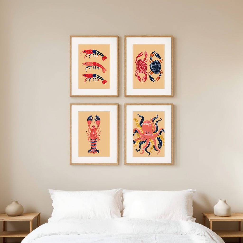 Set of 4 Seafood Prints – Coastal Kitchen & Dining Wall Art