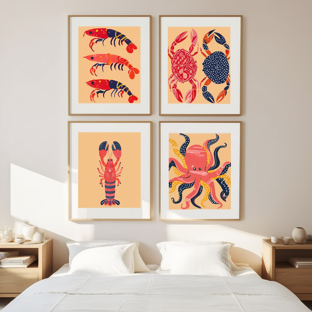 Set of 4 Seafood Prints – Coastal Kitchen & Dining Wall Art