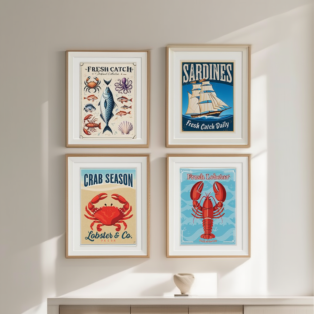 4 Retro Seafood Posters – Sardines, Crab, Lobster & Fish Wall Art Prints - Hakyarts