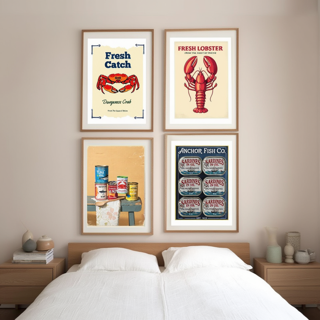 4 Retro Seafood Posters – Vintage Fish Can Wall Art Prints - Hakyarts