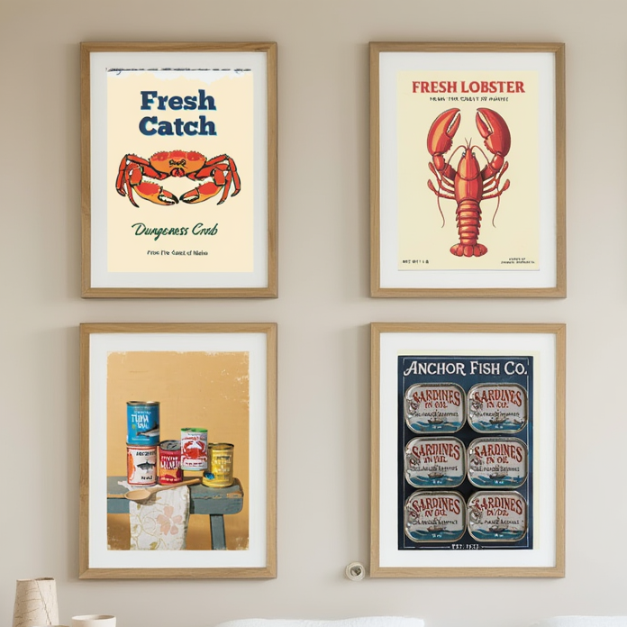 4 Retro Seafood Posters – Vintage Fish Can Wall Art Prints - Hakyarts