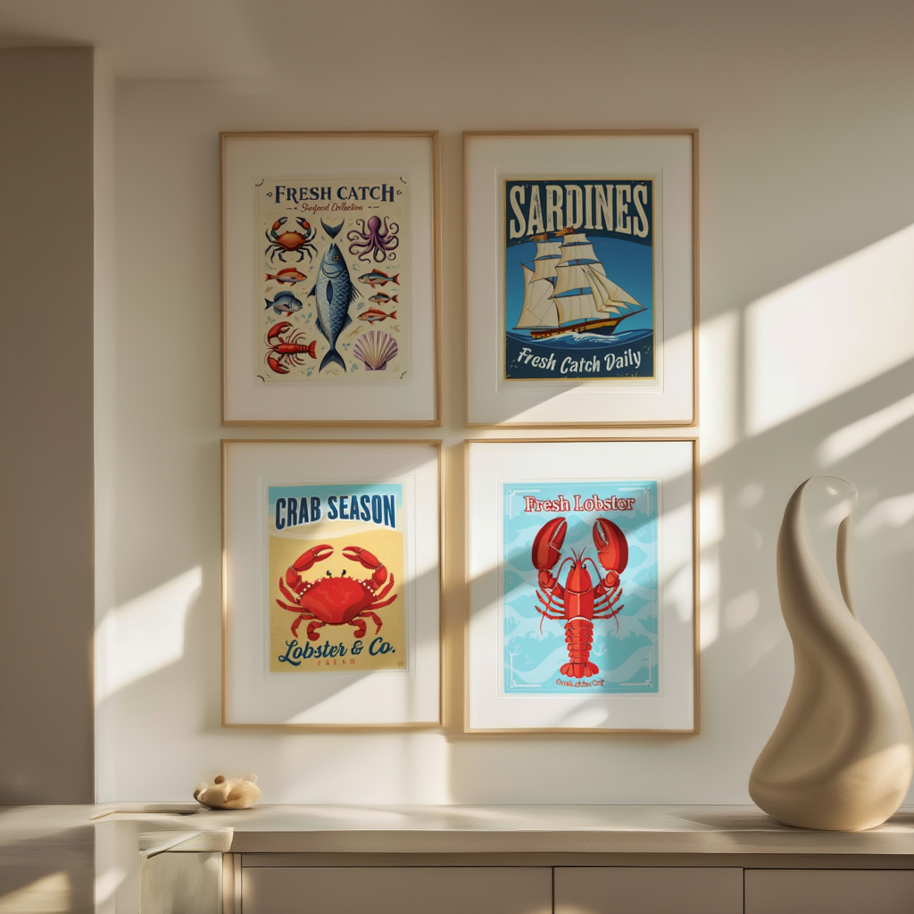 4 Retro Seafood Posters – Sardines, Crab, Lobster & Fish Wall Art Prints - Hakyarts