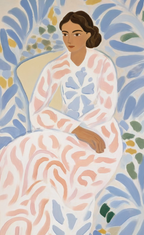 Seated Woman in Patterned Dress | Contemporary Figurative Fashion Wall Art